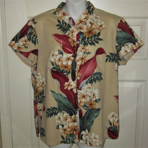 Hilo Hattie Shirt Beige Red Hawaiian Floral Top XL